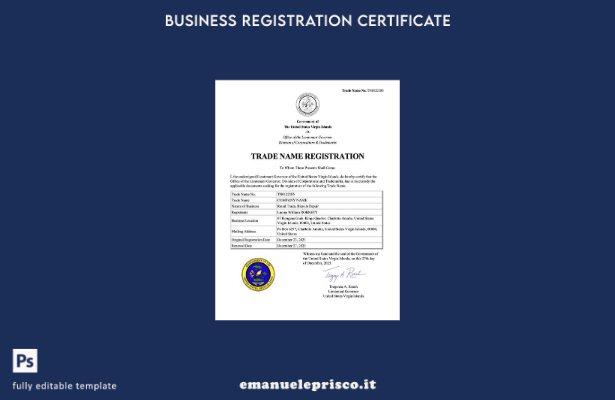 certificato di registrazione del nome commerciale Virgin Island in stile verific